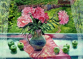 Peony Delight, lace curtains, peonies, pink fabric, window, vase, grass, still life, apples, yard, fence, flowers, green apples HD wallpaper