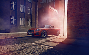 BMW Z4, red, car, shadows, mist, BMW, houses HD wallpaper