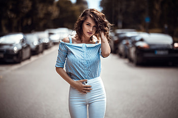 Women Bruneete Curly Hair Blue Shirt , girls, model, curly-hairs HD wallpaper