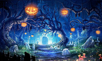 Halloween Pumpkins, cemetery, night, artwork, lights, bats, tree HD wallpaper