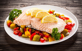 Cooked fish with lemon, Salmon delicacy, Fresh flavors, Culinary presentation HD wallpaper