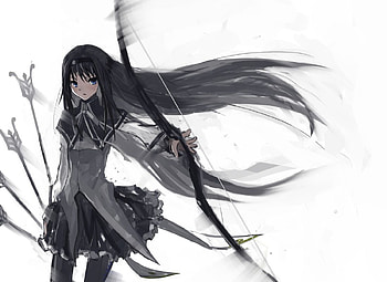 Akemi Homura, mahou shoujo madoka magica, headband, blue eyes, black hair, long hair, gond, anime, weapon, cool, bow HD wallpaper