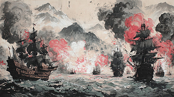 : Ink Battle of Pirate Ships in Explosive Crusade Style, pirate ship, crusade, explosion HD wallpaper