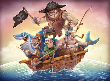 Pirates, boat, sea, ship, man, illustration, davide tosello, summer, fantasy, funny, water, vara, hat HD wallpaper
