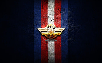 HYS The Hague, golden logo, BeNe League, blue metal background, dutch hockey team, HYS The Hague logo, hockey HD wallpaper
