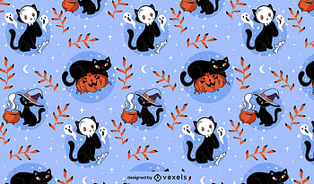 Pattern, pisici, pumpkin, texture, vexels, orange, blue, black, cat, halloween HD wallpaper