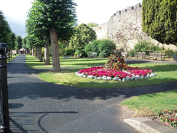 Castle Walls, walls, benchers, trees, paths, flowers HD wallpaper