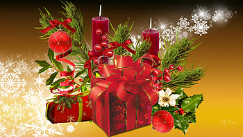 Christmas in Red, Feliz Navidad, poinsettia, gifts, holly, snowflakes, Christmas, decorations, candles, flowers HD wallpaper