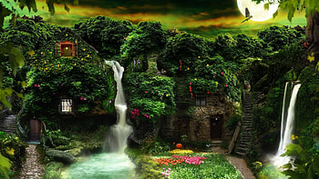 The House in The Forest, moon, cottage, flowers, Waterfall, squirrel HD wallpaper