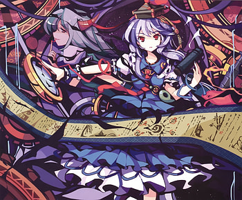 touhou, scrolls, ribbons, horn, blue dress, dress, tie HD wallpaper