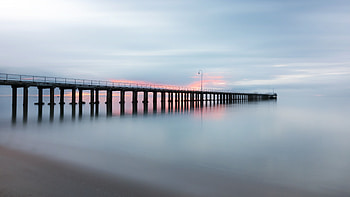Fog, pier, bridge, seashore, nature HD wallpaper