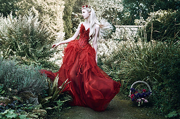 Fantasy Girl in Red, model, blonde, red, girl, dress HD wallpaper