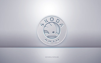 Skoda 3d white logo, gray background, Skoda logo, creative 3d art, Skoda, 3d emblem HD wallpaper