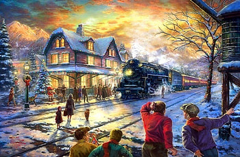 Christmas Journey, snow, railways, station, train, sky, people, sunset, winter, artwork, painting HD wallpaper