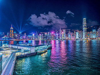 Cities, Sea, Building, Rays, Beams, Night City, Port HD wallpaper