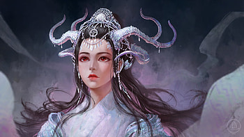 Opalescent, jewel, xiaofan zhang, white, horns, art, face, girl HD wallpaper