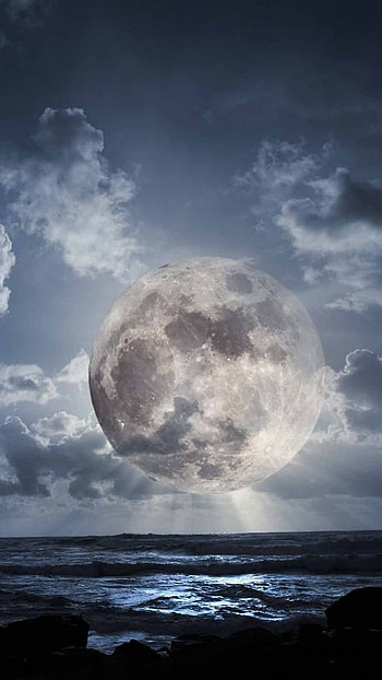 Moon, Sea Waves, Clouds HD phone wallpaper