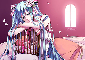 Hatsune Miku, blue, ribbon, eyes, twin tails, dress, miku, hatsune, flowers, hair HD wallpaper