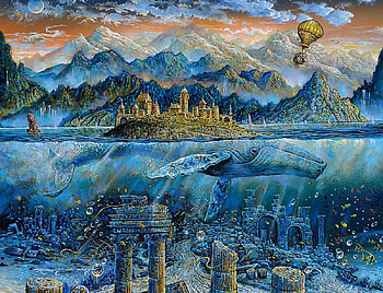Wisdom Whale, whale, city, fantasy, arts, puzzle HD wallpaper