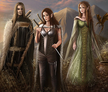 Elves, man, little dragon, beauty, woman, fantasy, abstract, cg, nature, women, warriors HD wallpaper