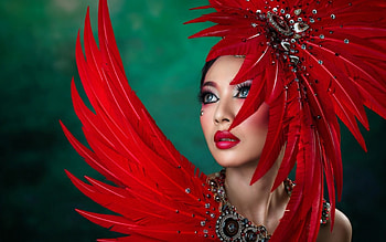 Beauty, model, asian, girl, woman, jewel, feather, green, red, face, chakrit chanpen, hat HD wallpaper