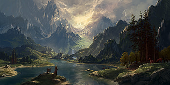 digital art work, falls, deer, man, mountians sunlight, trees, goat HD wallpaper