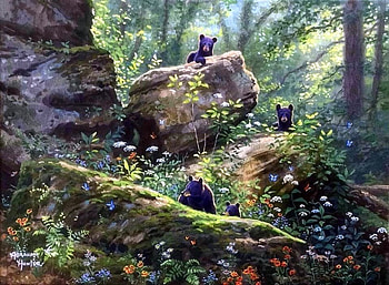 Chasing Butterflies, bears, wild flowers, attractions in dreams, forests, paintings, summer, butterflies, love four seasons, animals, nature, flowers, cubs HD wallpaper