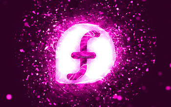 Fedora purple logo, , purple neon lights, creative, purple abstract background, Fedora logo, Linux, Fedora HD wallpaper