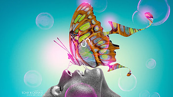Butterfly kiss, blue, profile, model, girl, woman, pink, creative, butterfly, fantasy, tony kokhan HD wallpaper