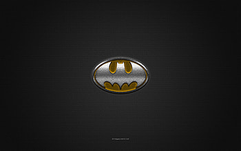 Batman logo, yellow shiny logo, Batman metal emblem, gray carbon fiber texture, Batman, brands, creative art, Batman emblem HD wallpaper