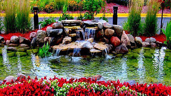 Fantastic Waterfall, trees, waterfall, stone, nature, flowers HD wallpaper