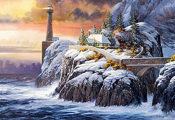 Winter Lighthouse, cliff, snow, artwork, sea, painting, sky, sunset HD wallpaper