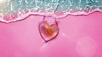 Beach, pink surface, heart, aerial view HD wallpaper