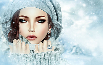 Beauty in a winter day, blue, winter, white, rendering, art, girl, woman, digital, face, hat HD wallpaper