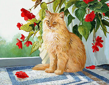 Cat and Flowers, paint, cat, flower, red HD wallpaper