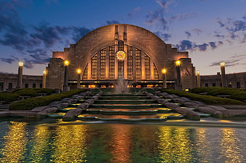 Cincinnati Museum Center at Twilight, building, sky, water, reflections, evening, usa HD wallpaper