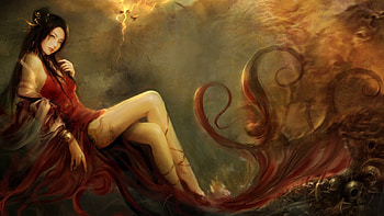 beauty, girl, black hair, red dress, japanese beauty HD wallpaper