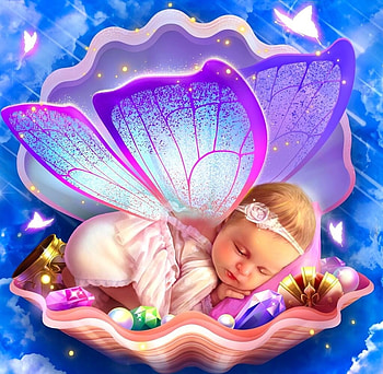 Baby fairy, shell, blue, fairy, fantasy, harsh taggar, baby, girl, pinj HD wallpaper