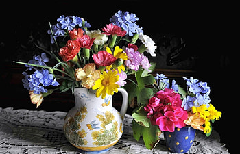 Flowers, Bouquets, Carnations, Jug, Glass, Lot, Geranium, Plumbago HD wallpaper