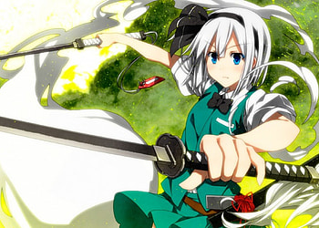 Take This!!, blue eyes, weapons, anime, swords, white hair, touhou, short hair, katana, konpaku youmu, bow HD wallpaper