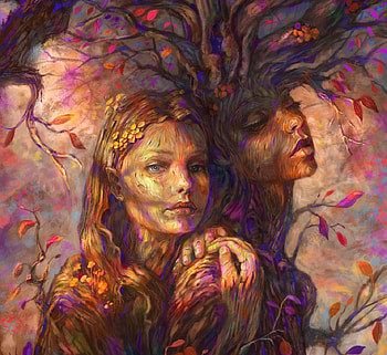 Forest girls, art, fantasy, couple, javier carmona, girl, forest, tree HD wallpaper