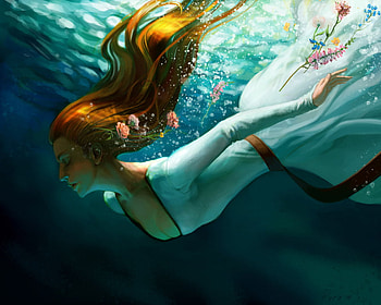 Ophelia, swim, 3d, fantasy, art, flowers, girl, hair HD wallpaper