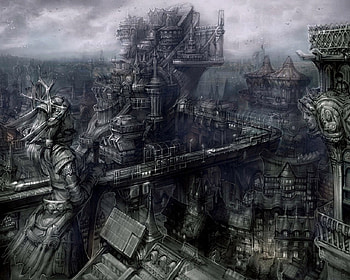Steampunk, building, city, woman HD wallpaper