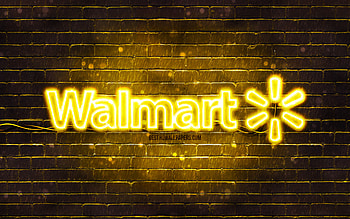 Walmart yellow logo, , yellow brickwall, Walmart logo, brands, Walmart neon logo, Walmart HD wallpaper