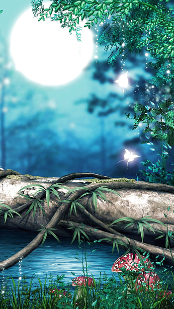 Mystic Fantasy Lake, butterfly, moon, mushroom, fantasy, forest HD phone wallpaper