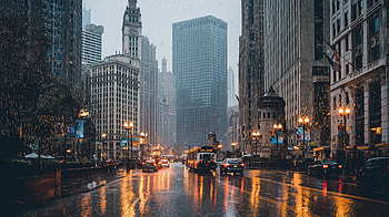 Cinematic view of a rainy LaSalle Street in downtown Chicago with reflections on wet pavement, Chicago, United States, Illinois HD wallpaper