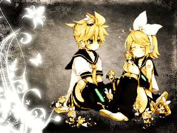 Kagamine Rin & Kagamine Len, colorful, black, rin, cute, vocaloid, chibi, vocaloids, kagamine rin, kagamine len, bow, white, len, kawaii, kagamine, anime, pretty, yellow hair, yellow HD wallpaper