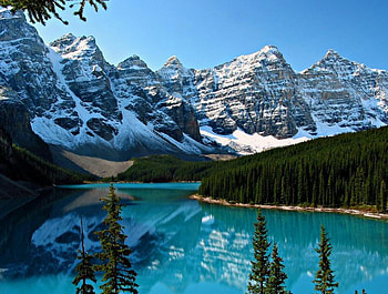 Mountain, trees, sky, nature, water HD wallpaper