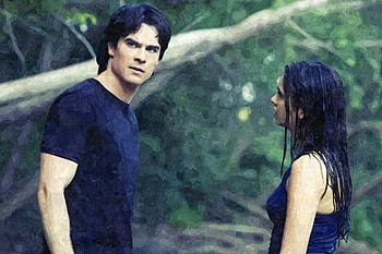 Painting ~ Damon and Elena (oil), blue, oil, actress, damon, painting, elena, actor, couple, vampire diaries, art, ian somerhalder, man, girl, nina dobrev, woman, tv series, fantasy, love, green, nature HD wallpaper