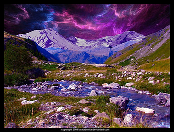 A Perfect Fantasy Getaway, blue, purple, creek, sky, stones, mountain HD wallpaper